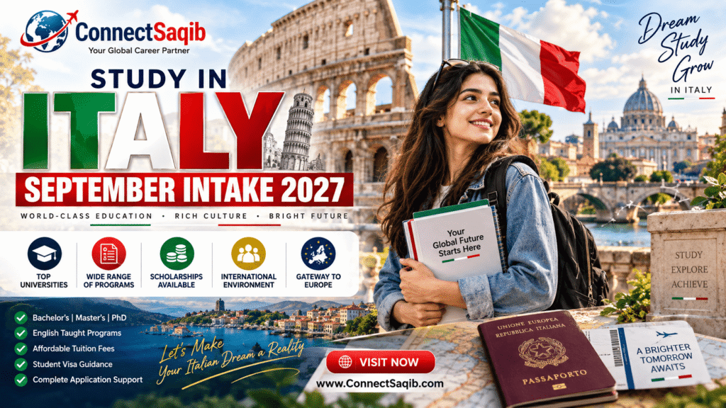 Italy September Intake 2027 study abroad featured image showing an international student with backpack and university documents in front of Italian landmarks, the Italian flag, and ConnectSaqib branding.